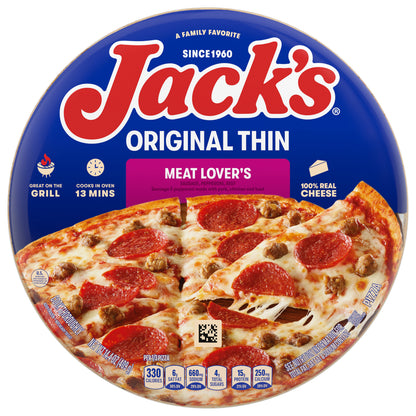 Jack’s Frozen Pizza, Original Thin Crust Meat Lover’s Pizza, Beef, Sausage, Pepperoni Pizza, 12in,14.4oz (Frozen)