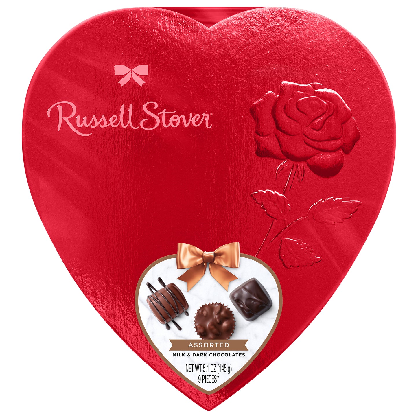 RUSSELL STOVER Valentine's Day Red Foil Heart Assorted Milk & Dark Chocolate Gift Box, 5.1 oz. (9 pieces)