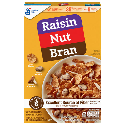 Raisin Nut Bran Cereal, High Fiber Cereal Made with Whole Grain, 20.8 oz