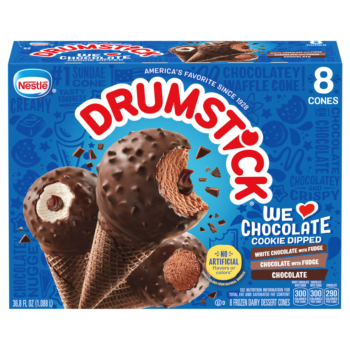 Drumstick We Love Chocolate Cookie Dipped Chocolate, White Chocolate with Fudge, Chocolate with Fudge Cones Variety Pack, 8 Count