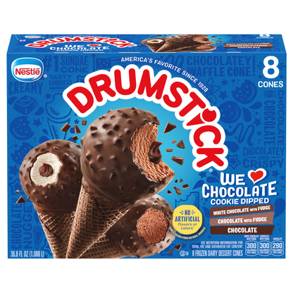Drumstick We Love Chocolate Cookie Dipped Chocolate, White Chocolate with Fudge, Chocolate with Fudge Cones Variety Pack, 8 Count