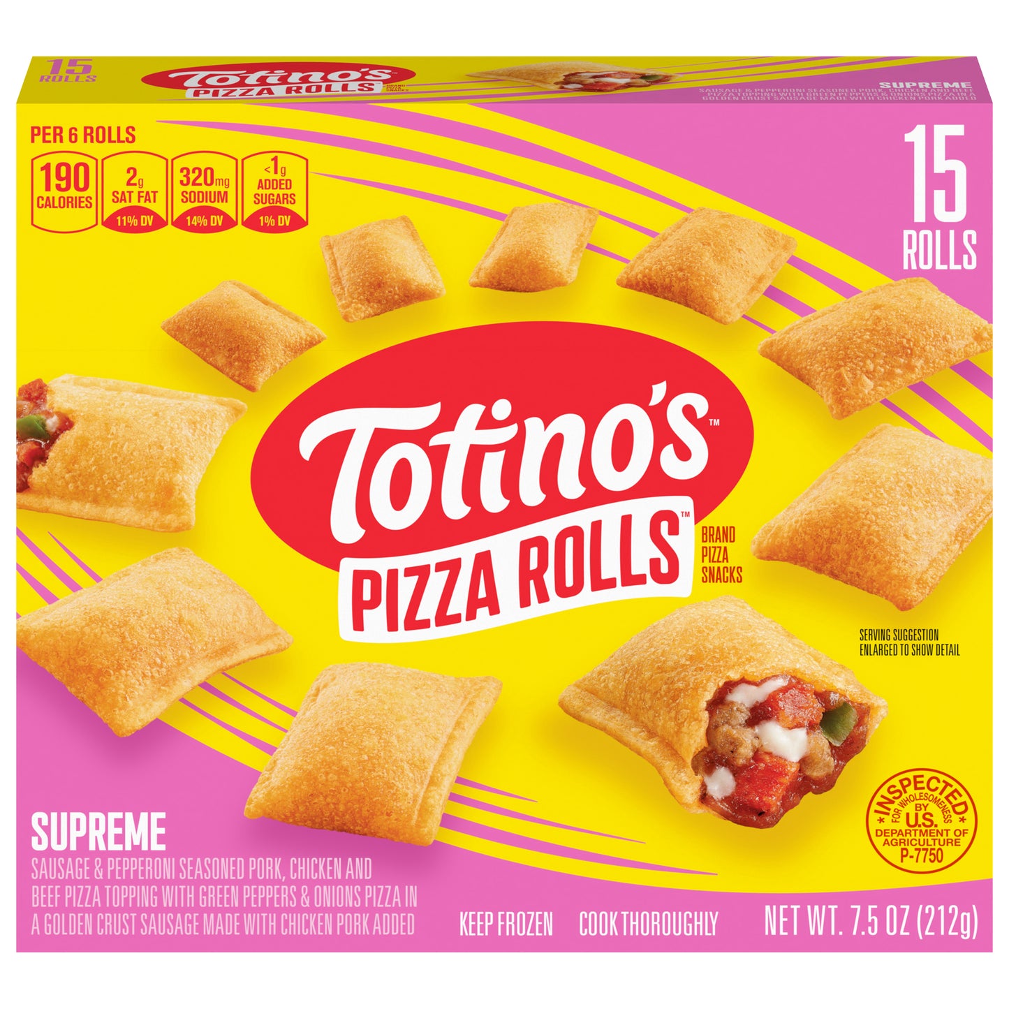 Totino's Pizza Rolls, Supreme Flavored, Frozen Snacks, 15 Rolls, 7.5 oz