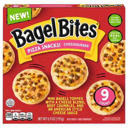 Bagel Bites Mini Pizza Bagel Frozen Snacks, 1 Box, for After-School and Late Night Snacking, Cheeseburger, No High-Fructose Corn Syrup, 9 ct