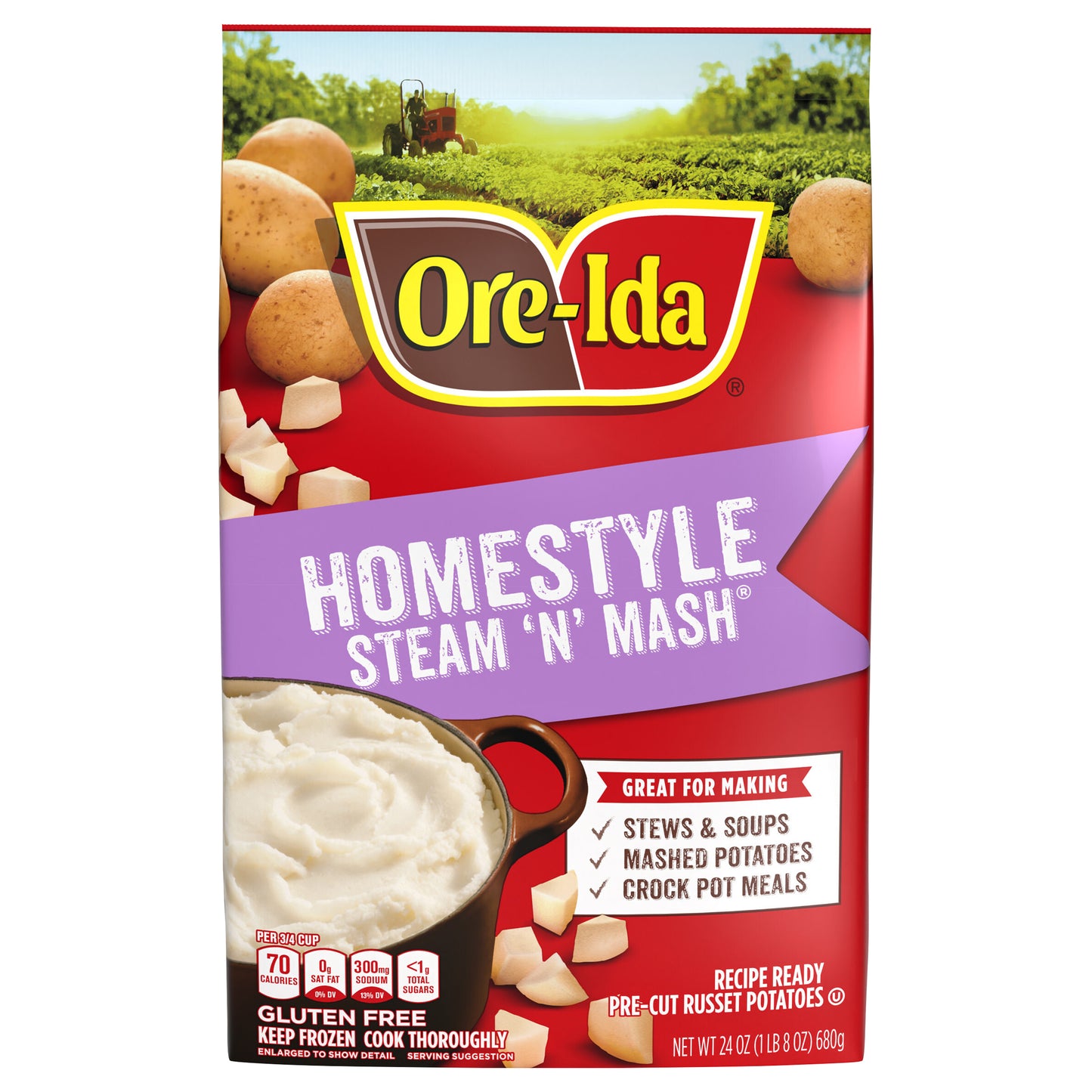 Ore-Ida Home Style Steam 'N' Mash Recipe Ready Pre-Cut Russet Potatoes Frozen Side Dish, 24 oz Bag