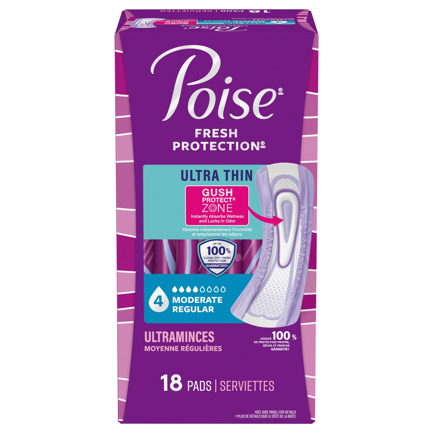 Poise Ultra Thin Incontinence & Postpartum Pads for Bladder Leaks, 4 Drop Moderate Absorbency, Regular Length, 18 Count