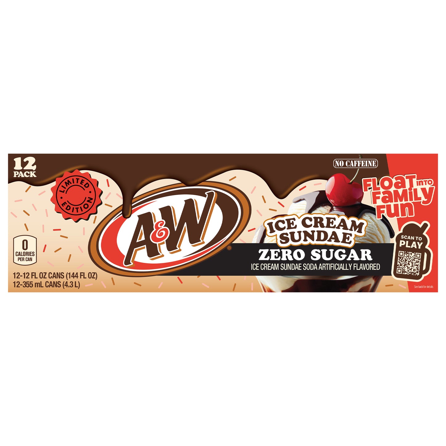 A&W Ice Cream Sundae Zero Sugar Soda, 12 fl oz cans, 12 pack