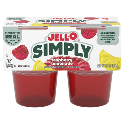 Jell-O Simply Gelatin Snack Cups, 4 Cups, for Quick and Easy Snacking, Raspberry Lemonade Natural Flavor with Other Natural Flavor, Made with Real Fruit Juice, 13.5 oz