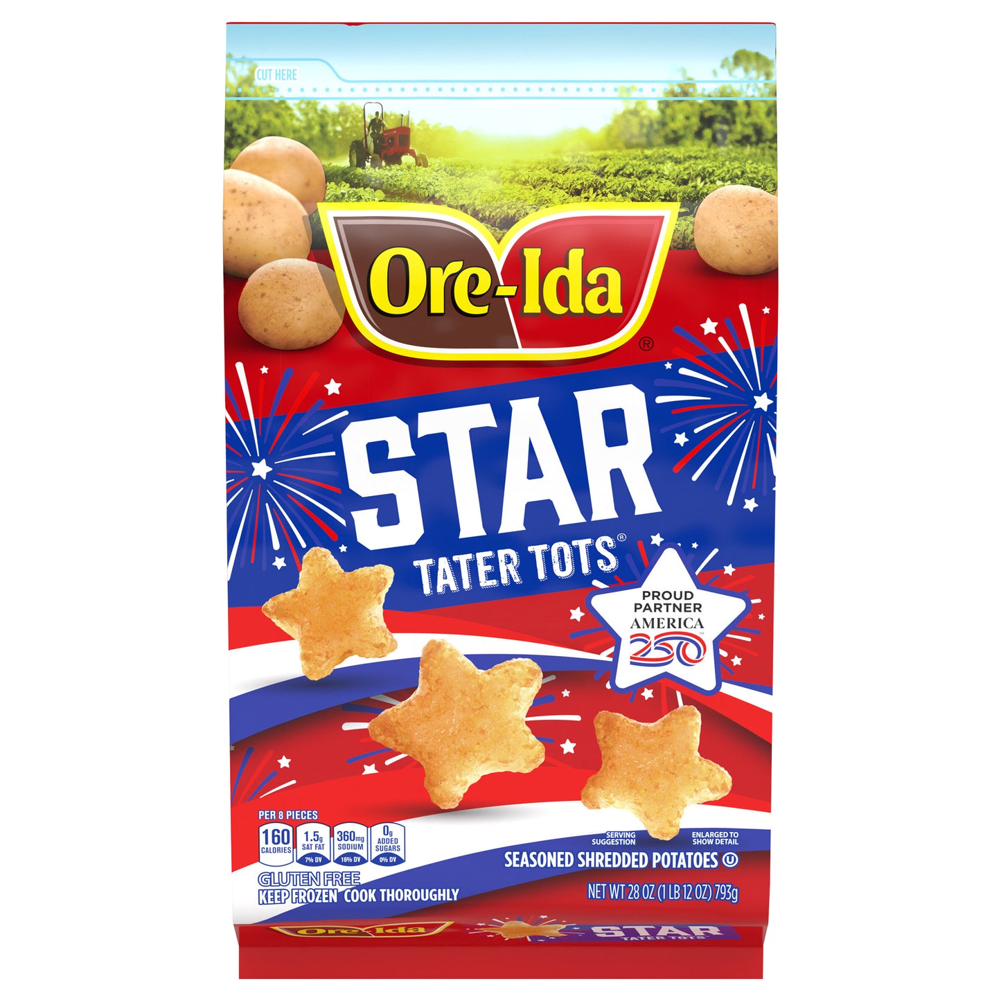 Ore-Ida Star Shaped Tater Tots Seasoned Shredded Frozen Potatoes, 1 Bag, for Easy Snacks and Dinner Sides, Gluten-Free, 28 oz