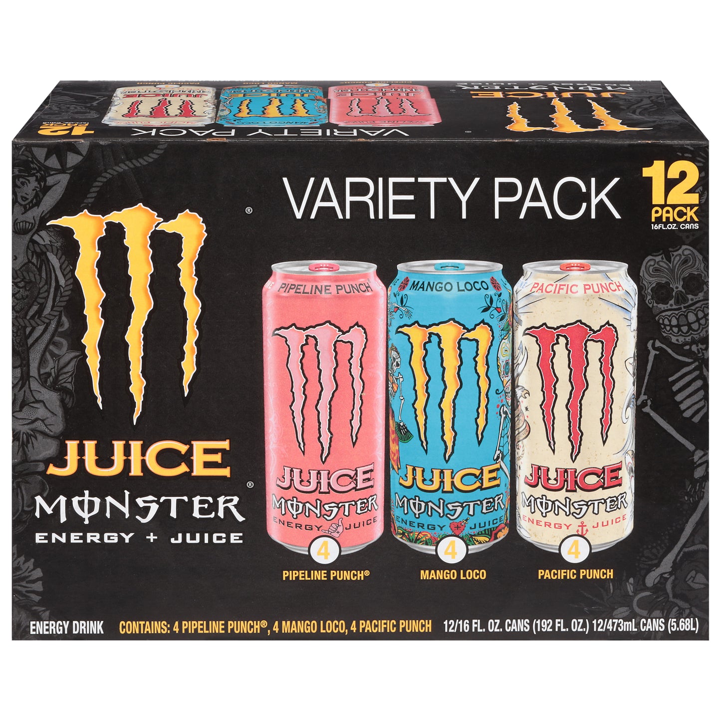 Monster Juice Pipeline Punch/Mango Loco/Pacific Punch Energy Drink 12 Pack Variety Pack 12 - 16 fl oz Cans