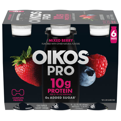 Oikos Pro Mixed Berry Dairy Drink, 10g of Protein, 0g Added Sugar, Convenient High Protein Snack, 6ct, 3.1 Fl Oz Bottle