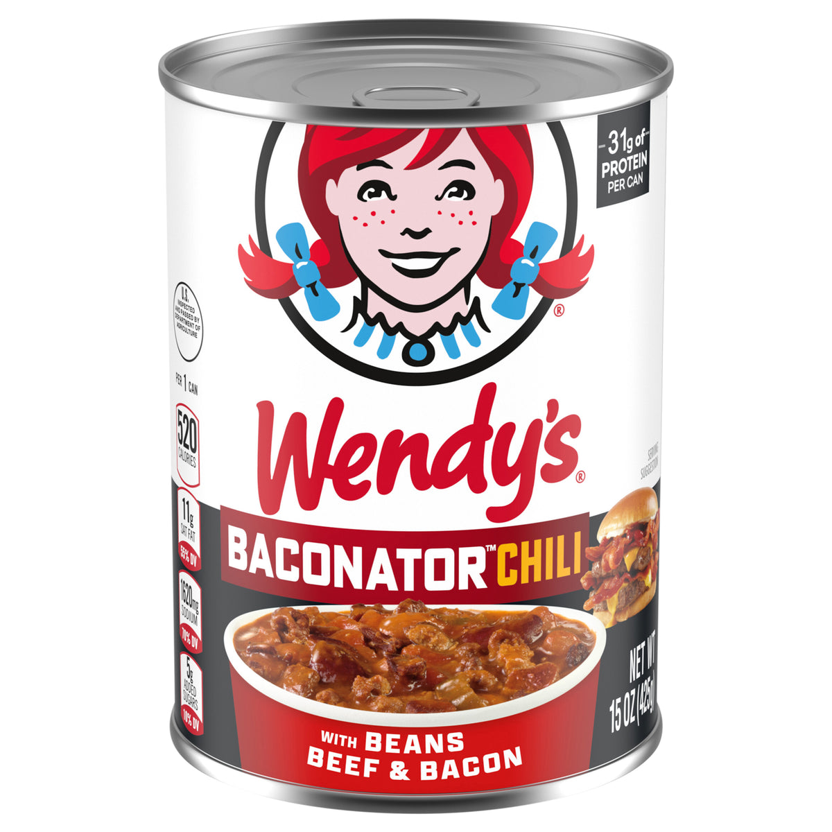 Wendy's Baconator Chili With Beans, Beef & Bacon, Canned Chili, 15 oz.