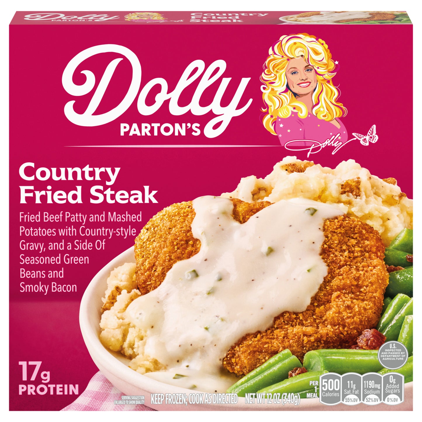 Dolly Parton's Country Fried Steak With Mashed Potatoes, Green Beans, With Bacon, Frozen Meal 12 oz.