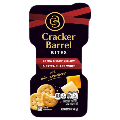 Cracker Barrel Bites Cheese Snacks Extra Sharp Yellow, White Cheddar With Butter Crackers, 1.58 oz Tray