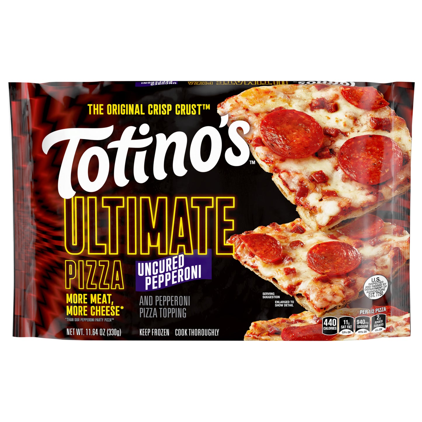 Totino's Ultimate Pizza, Uncured Pepperoni, Frozen Pizza, Game Day Football Snacks, 11.64 oz