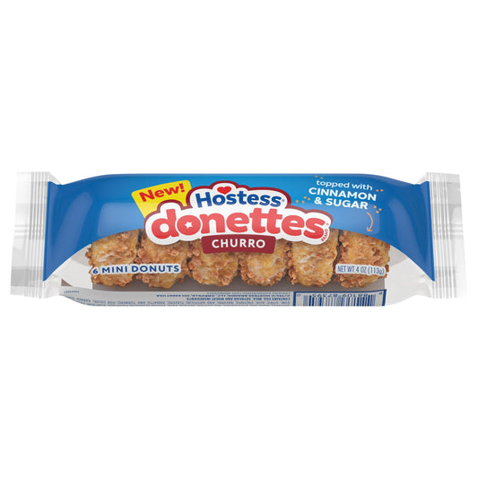 Hostess Donettes, Churro Mini Donuts Topped with Cinnamon Sugar, 4 Oz. Sleeve (6 Donuts)
