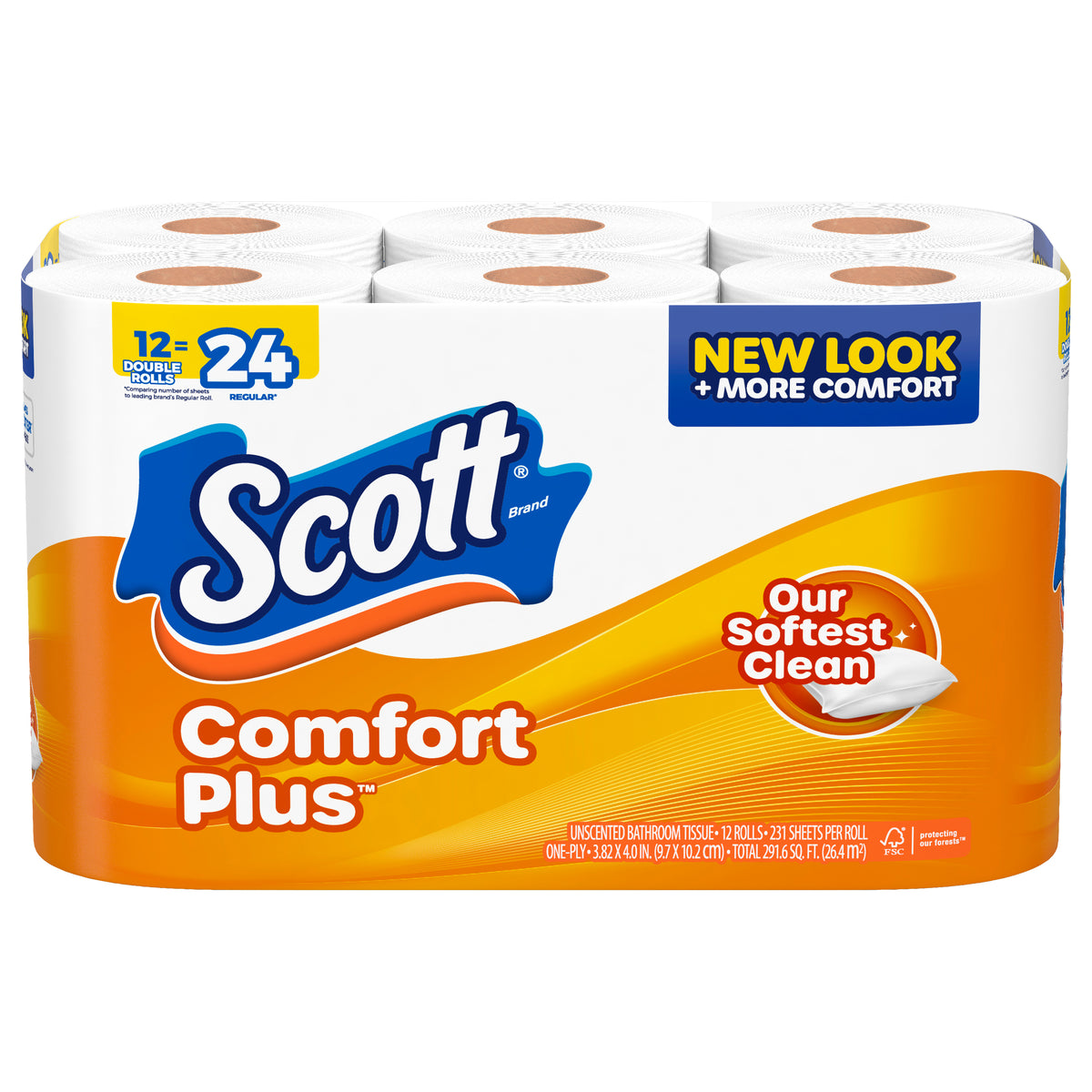 Scott ComfortPlus Toilet Paper, 12 Double Rolls, 231 Sheets per Roll, Septic-Safe, 1-Ply Toilet Tissue