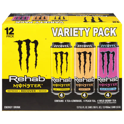 Monster Rehab Tea+Lemonade/Peach Tea/Wild Berry Tea Energy Drink Variety Pack 12 - 15.5 fl oz Cans