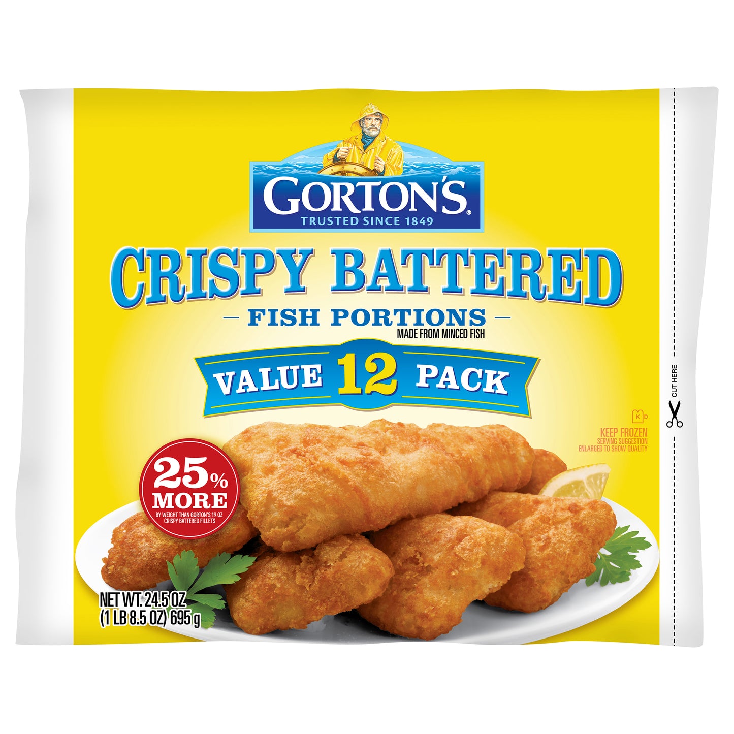 Gorton’s Crispy Battered Fish Portions 100% Real Fish Fillets, Frozen, 12 Count, 24.5 Ounce Bag