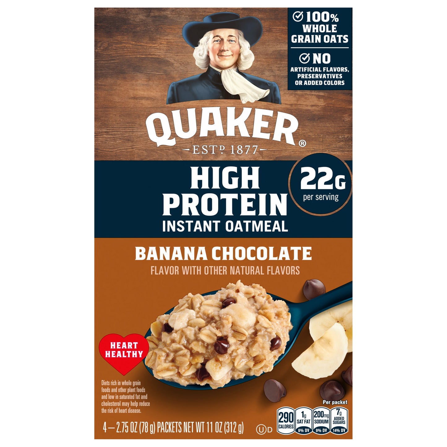 Quaker High Protein Instant Oatmeal Banana & Chocolate, 2.75 Oz X 4