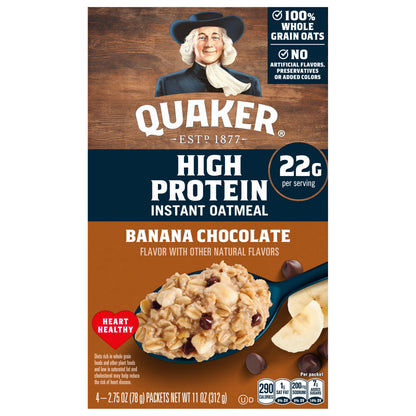 Quaker High Protein Instant Oatmeal Banana & Chocolate, 2.75 Oz X 4