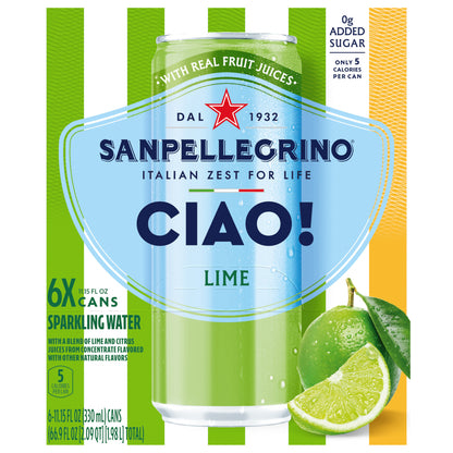 Sanpellegrino CIAO! Lime Sparkling Water, Low-Cal, 0g Added Sugar, 6-Pack