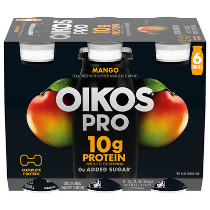 Oikos Pro Mango Dairy Drink, 10g of Protein, 0g Added Sugar, Convenient High Protein Snack, 6ct, 3.1 Fl Oz Bottle
