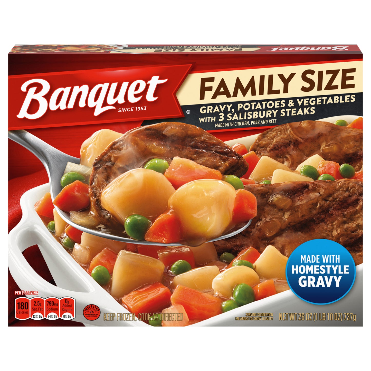 Banquet Family Size Salisbury Steak with Gravy, Potatoes and Vegetables, Frozen Meal, 26 oz.