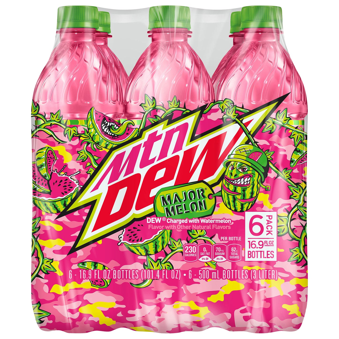 Mtn Dew Major Melon Dew Charged With Watermelon Flavor 16.9 Fl Oz 6 Count Bottles