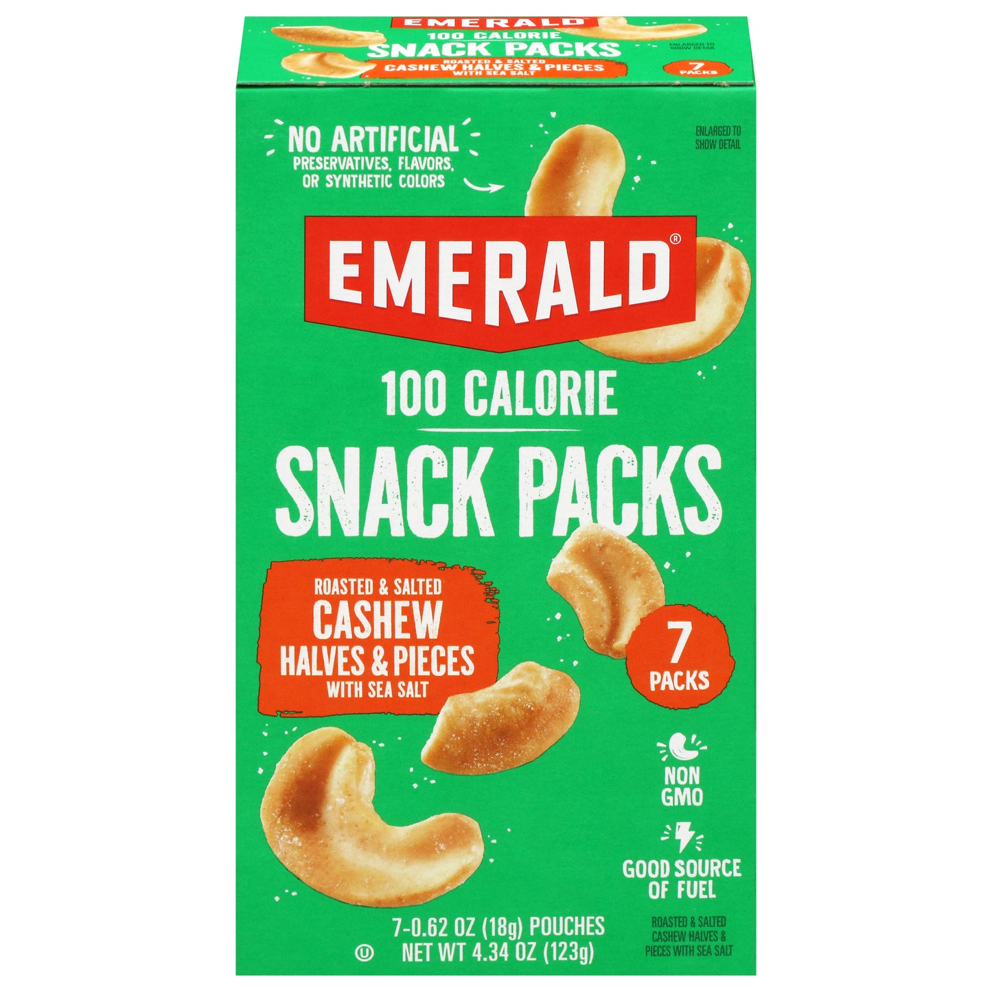 Emerald 100 Calorie Snack Packs Roasted & Salted Cashew Halves & Pieces with Sea Salt 7 - 0.62 oz Pouches