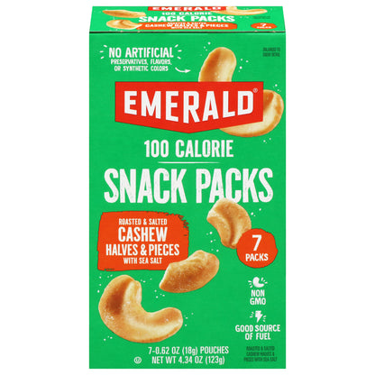 Emerald 100 Calorie Snack Packs Roasted & Salted Cashew Halves & Pieces with Sea Salt 7 - 0.62 oz Pouches