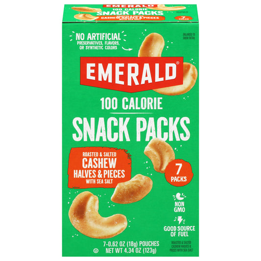 Emerald 100 Calorie Snack Packs Roasted & Salted Cashew Halves & Pieces with Sea Salt 7 - 0.62 oz Pouches