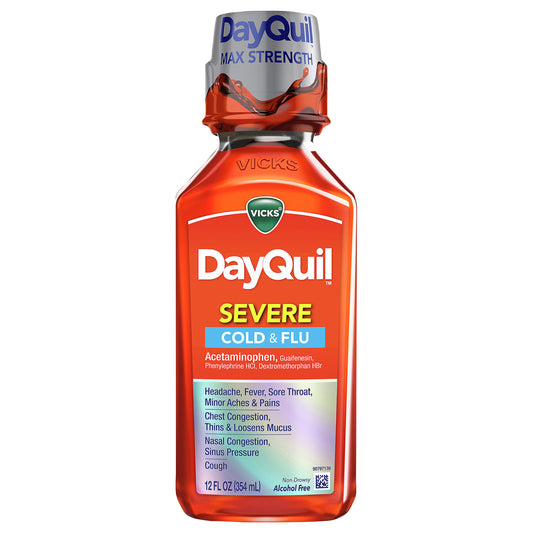Vicks DayQuil SEVERE Cough, Cold and Flu Multisymptom Relief Liquid, Original Flavor, 12 Fl oz - Sore Throat, Fever, and Congestion Relief