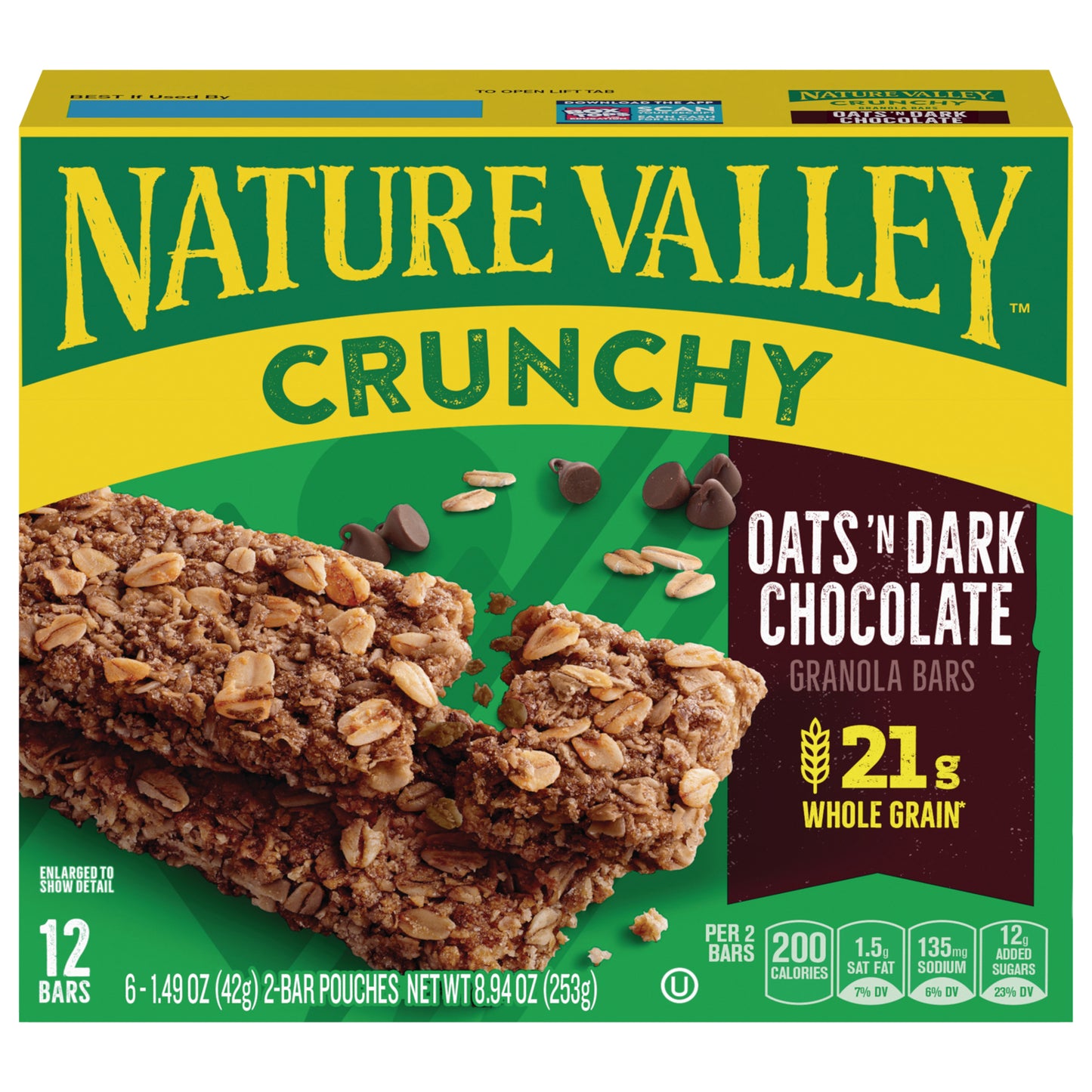 Nature Valley Crunchy Granola Bars, Oats 'n Dark Chocolate, 12 Ct, 8.94 oz (6 Pouches)