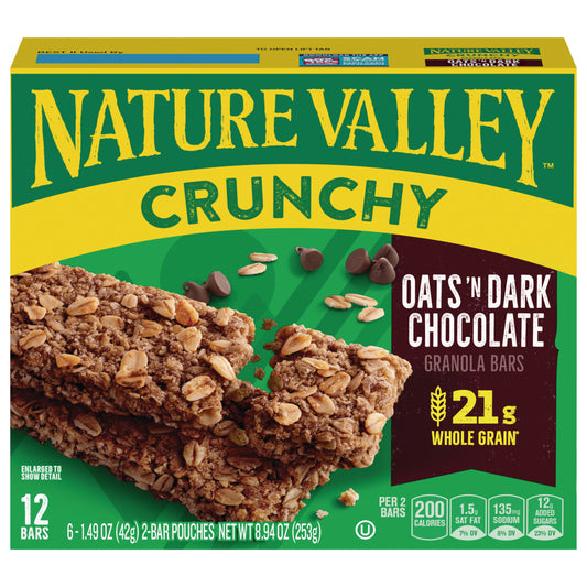 Nature Valley Crunchy Granola Bars, Oats 'n Dark Chocolate, 12 Ct, 8.94 oz (6 Pouches)