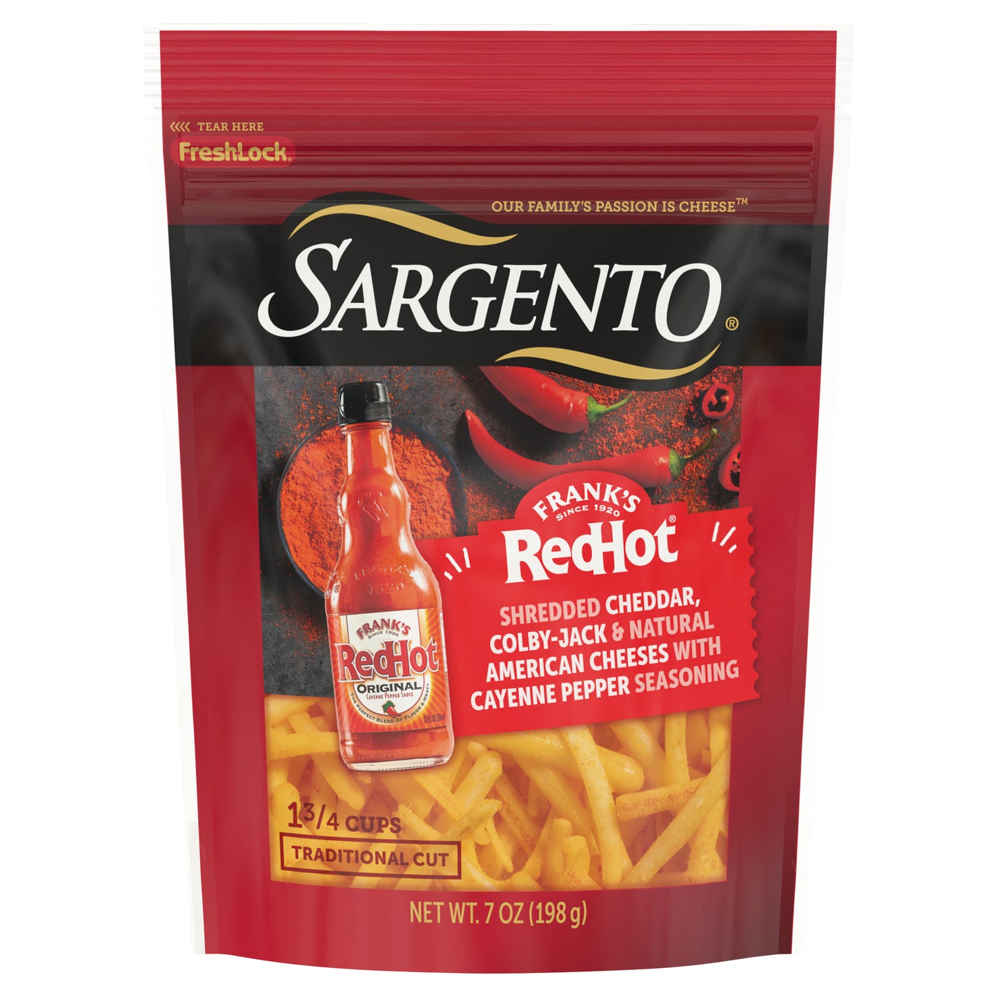 Sargento® Frank’s Red Hot® Cheddar, Colby Jack, and American Shredded Cheeses with Cayenne Pepper Seasoning, Traditional Cut, 7 oz.