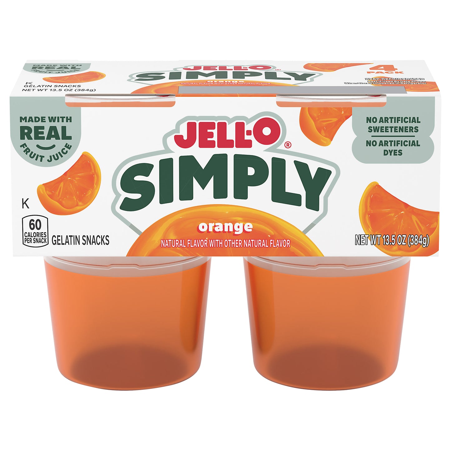 Jell-O Simply Gelatin Snack Cups, 4 Cups, for Quick and Easy Snacking, Orange Natural Flavor with Other Natural Flavor, Made with Real Fruit Juice, 13.5 oz