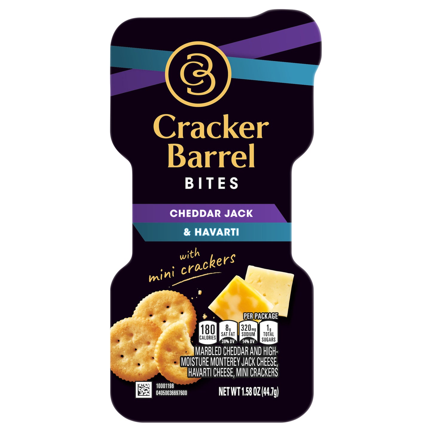 Cracker Barrel Bites Cheese Snacks Cheddar Jack, Havarti With Mini Crackers, 1.58 oz Tray