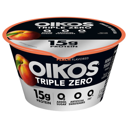 Oikos Triple Zero Peach 15g Protein, 0g Added Sugar, Nonfat Greek Yogurt, 5.3 OZ Cup