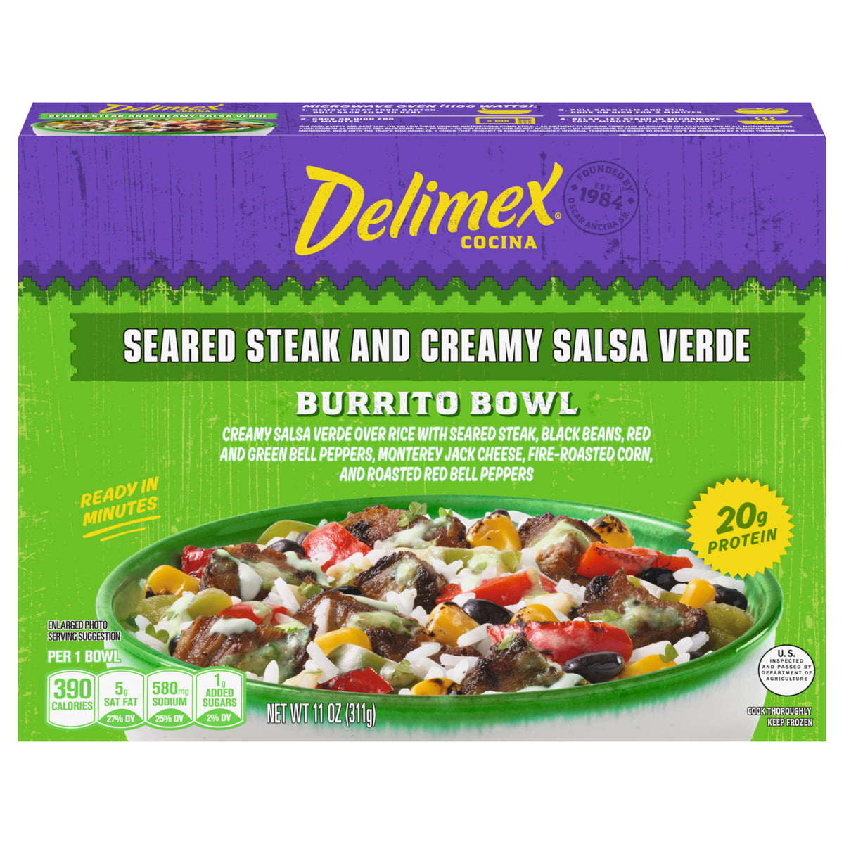 Delimex Burrito Bowl Frozen Meal, 1 Box, for Easy Meals and Bold Mexican Flavor, Seared Steak and Creamy Salsa Verde, No Preservatives or Artificial Flavors, 11 oz