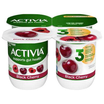 Activia Black Cherry Probiotic Yogurt, Lowfat Yogurt Cups, 4 OZ, 4 CT