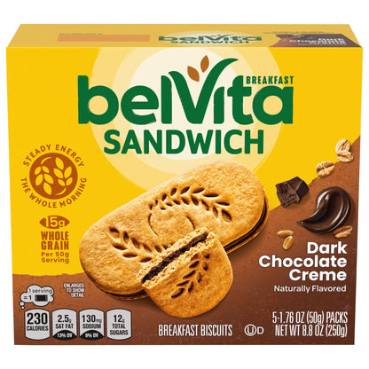 belVita Breakfast Sandwich Dark Chocolate Creme Breakfast Biscuits, 5 Packs (2 Sandwiches Per Pack)