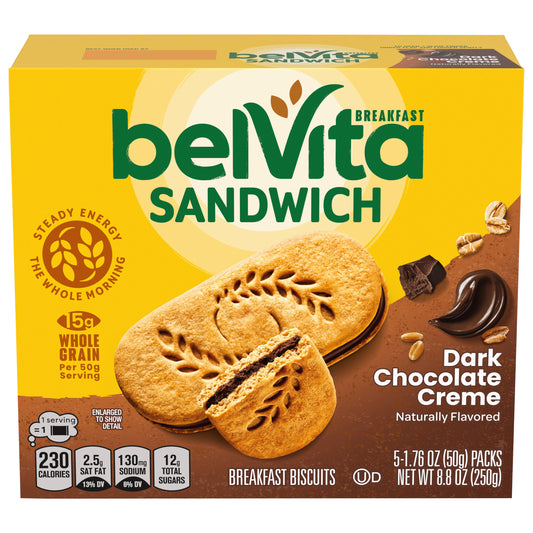 belVita Breakfast Sandwich Dark Chocolate Creme Breakfast Biscuits, 5 Packs (2 Sandwiches Per Pack)