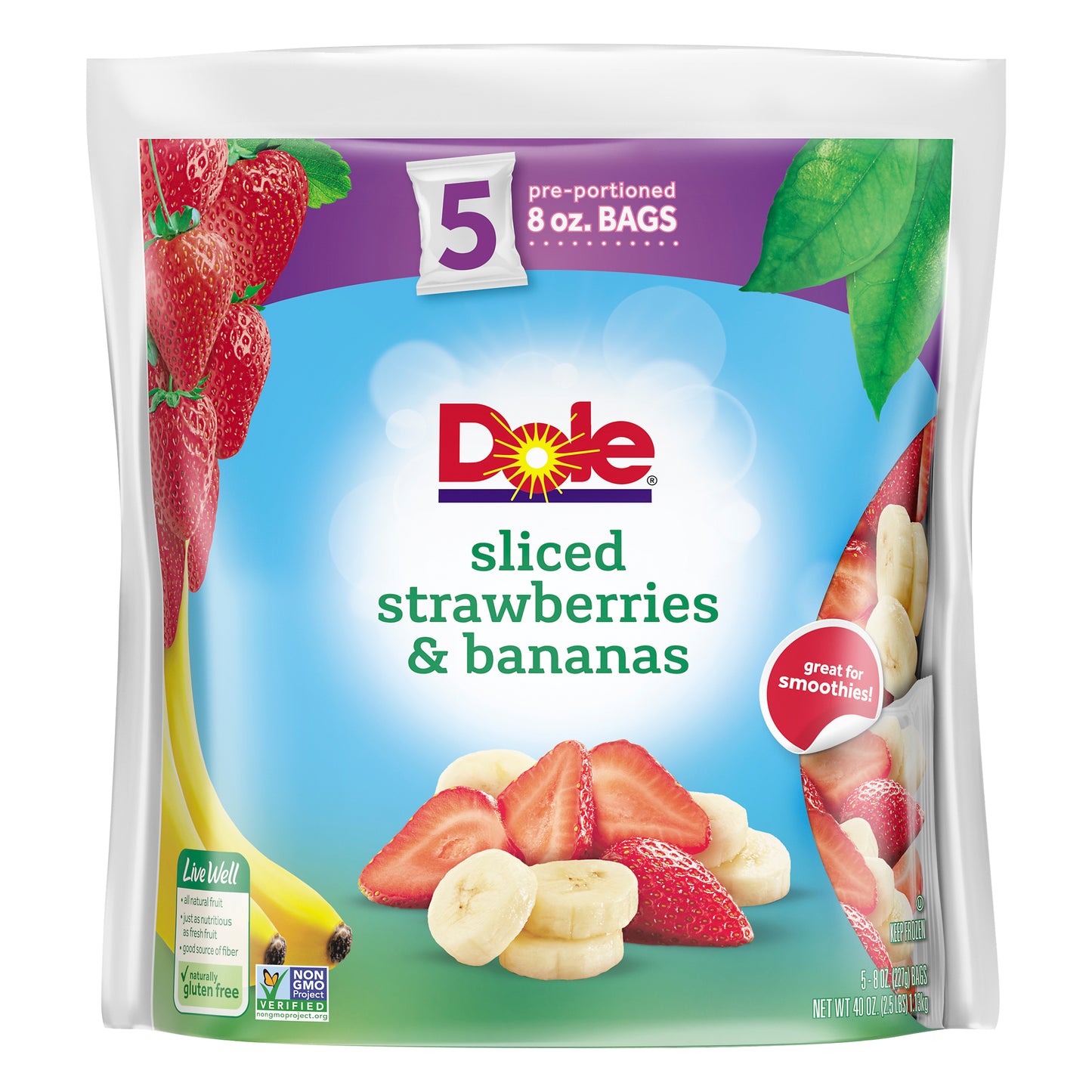 DOLE Frozen Sliced Strawberries & Bananas, 40 Ounce Bag with 5 Pre-Portioned Packets