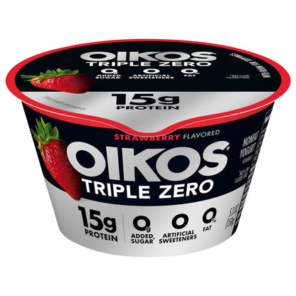 Oikos Triple Zero Strawberry 15g Protein, No Sugar Added, Nonfat Greek Yogurt, 5.3 OZ Cup