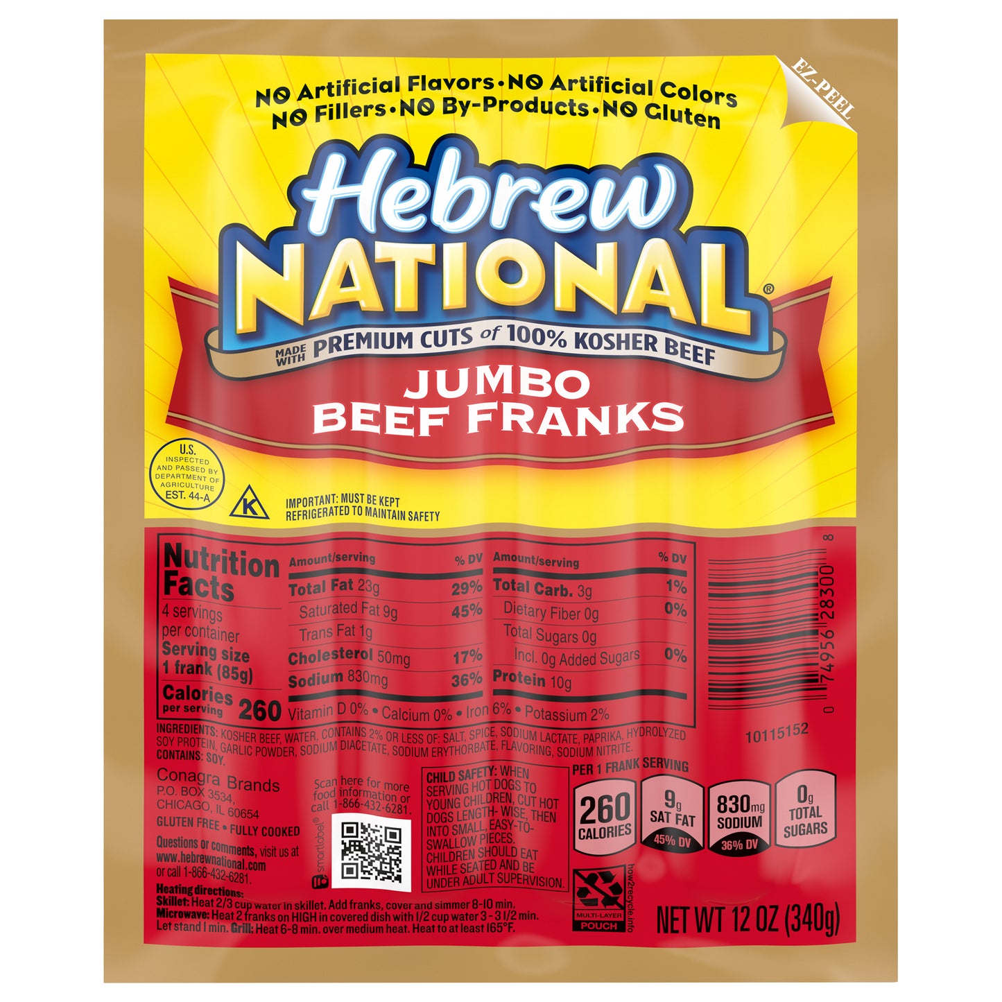 Hebrew National Jumbo Beef Franks, Hot Dogs, 4 Count