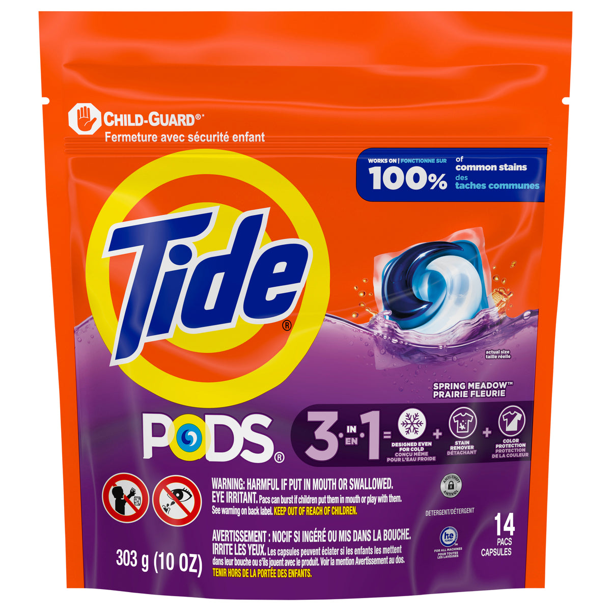 Tide PODs Laundry Detergent, 14 Count, Spring Meadow Scent, 3-in-1 Stain Remover, Odor Fighter, Color Protector, Concentrated Laundry Soap Pacs