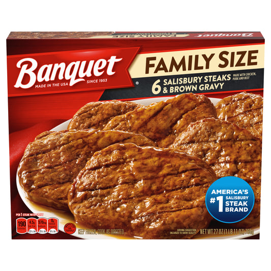 Banquet Family Size Salisbury Steaks and Brown Gravy, Frozen Meal, 27 OZ