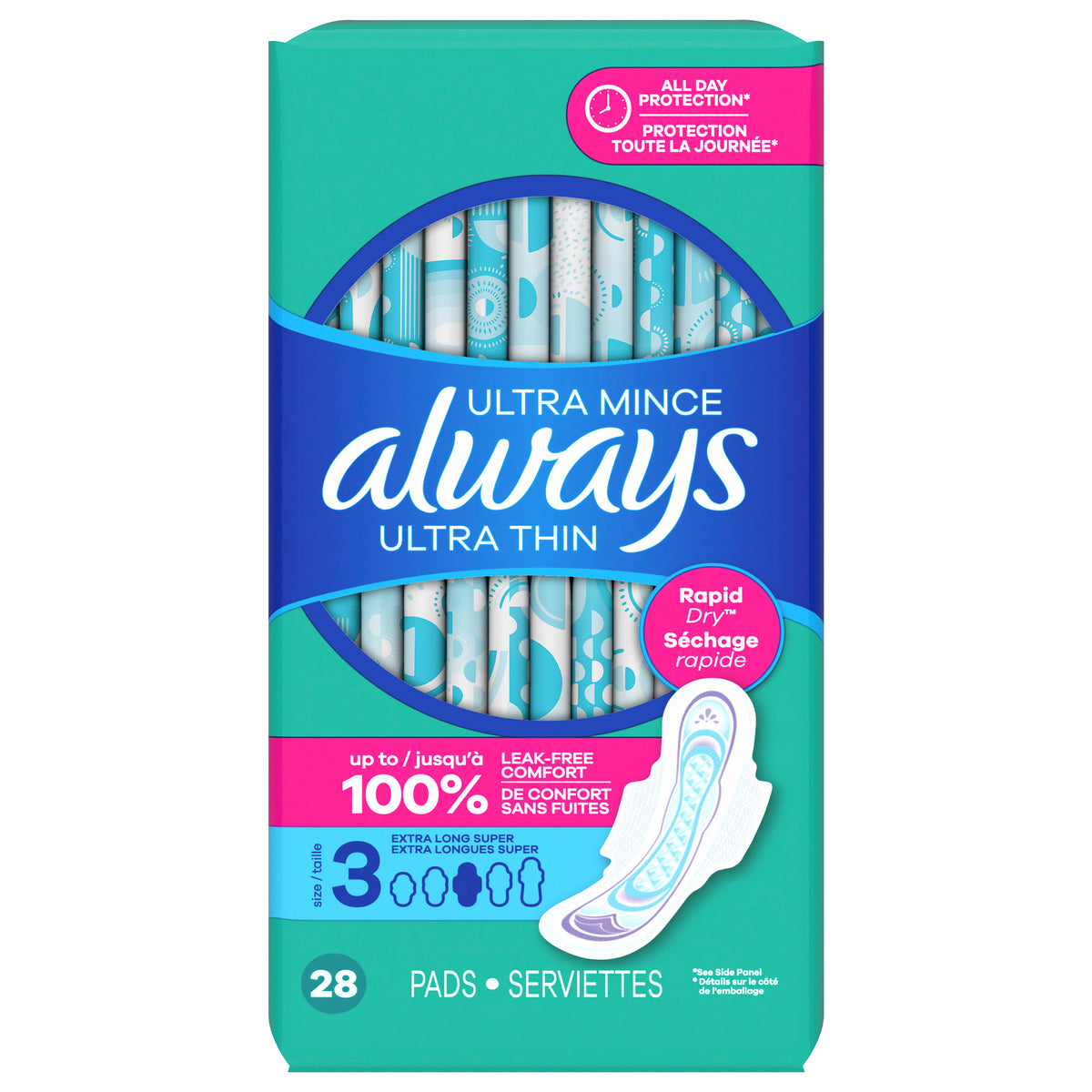 Always Ultra Thin Feminine Pads with Wings for Women, Size 3, Extra Long Super Absorbency, Unscented, 28 Count