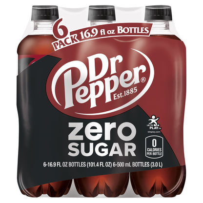 Dr Pepper Zero Sugar Soda, .5 L  bottles, 6 pack