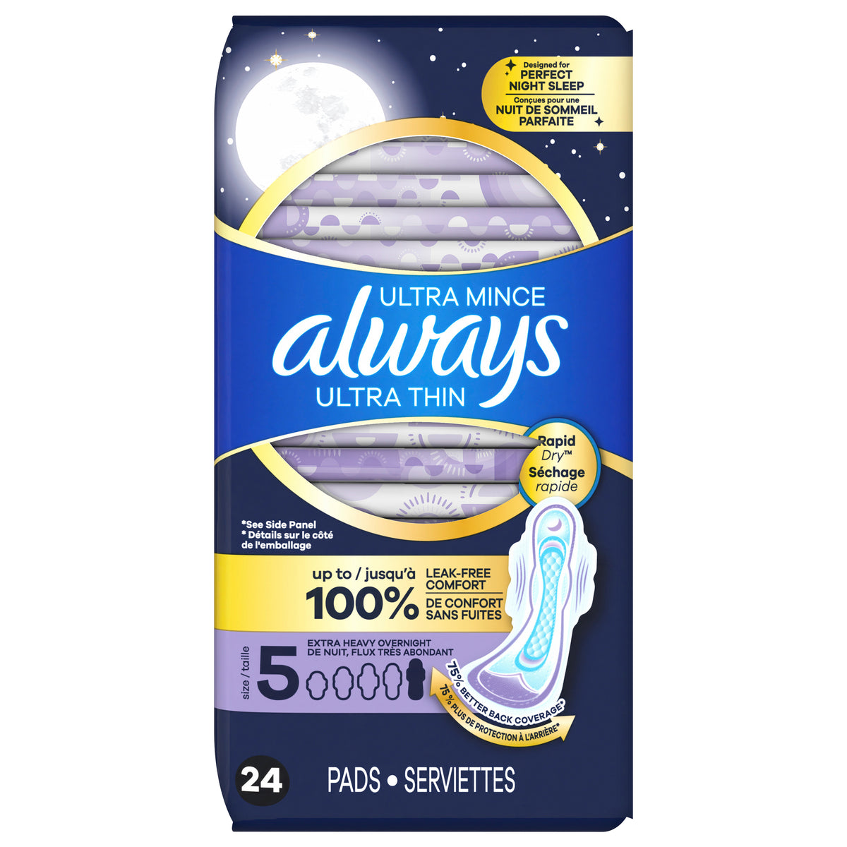 Always Ultra Thin Feminine Pads with Wings for Women, Size 5, Extra Heavy Overnight Absorbency, Unscented, 24 Count